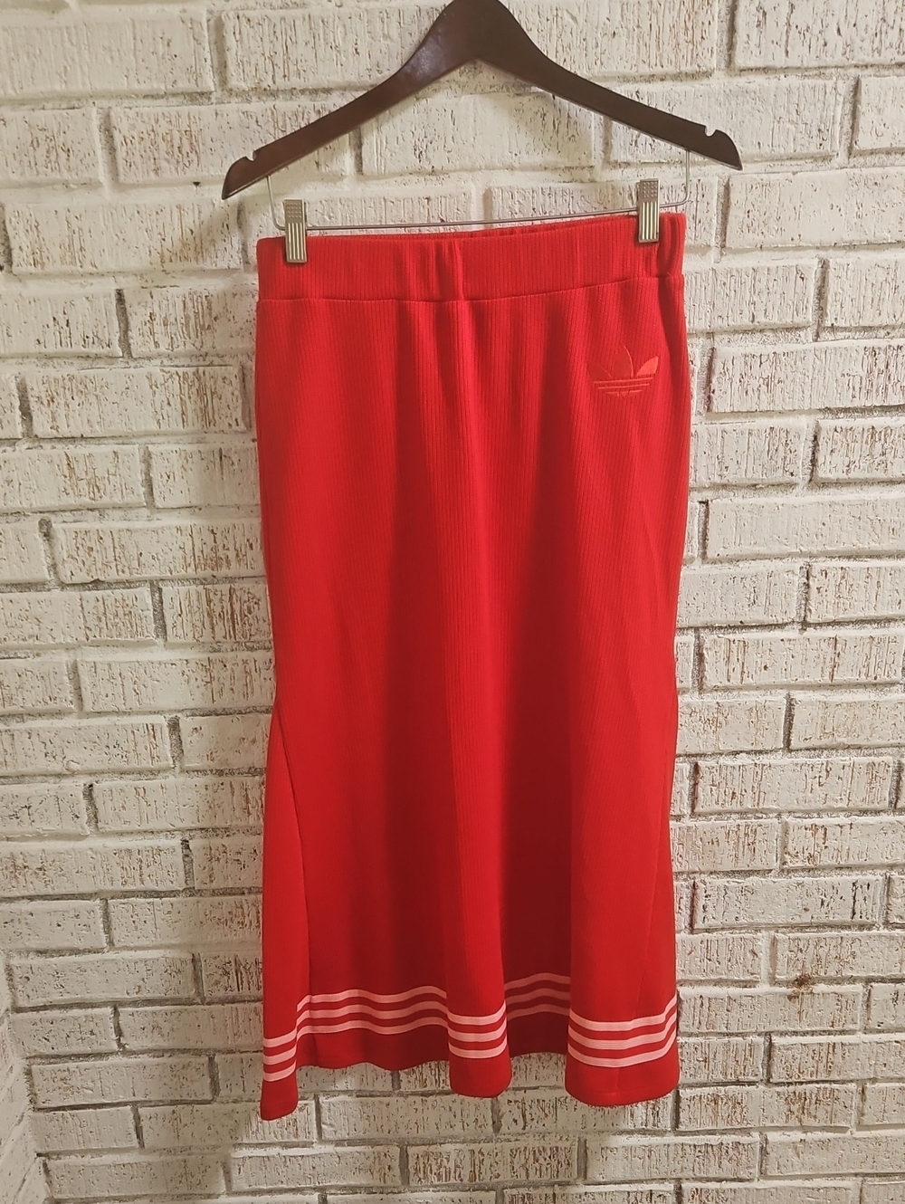 adidas Red Ribbed Midi Skirt with Stripe Hem